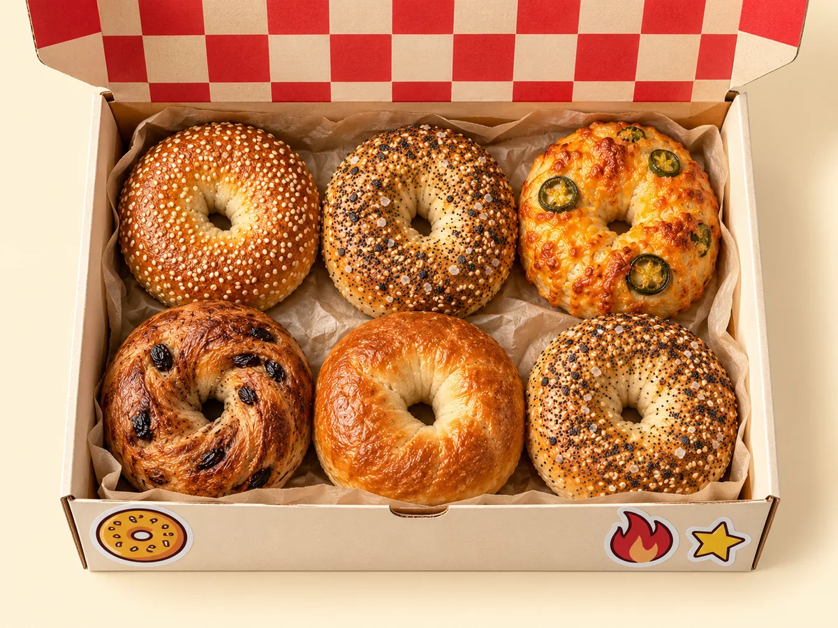 La caja abierta con seis bagels